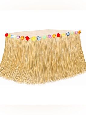 New Tiki Grass Table Skirt with Multicolor Flower Trim - Natural 108”